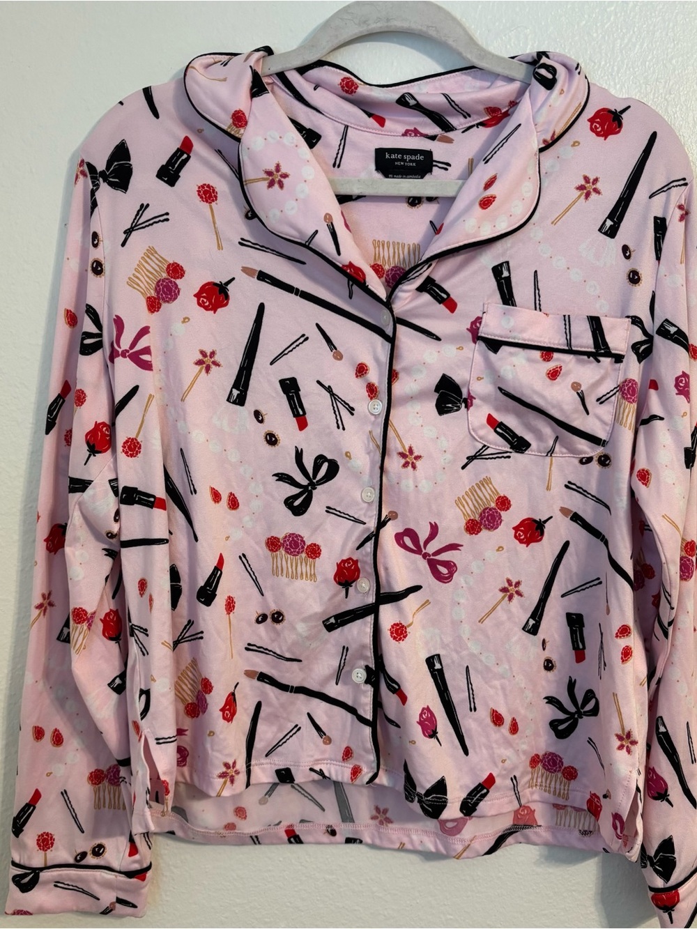 kate spade M Pink Beauty Print Sleep pajama set with Black Trim